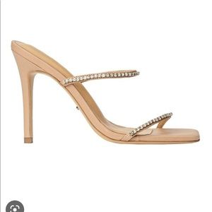Nude Rhinestone Strappy High Heeled Sandal Mule Glitter